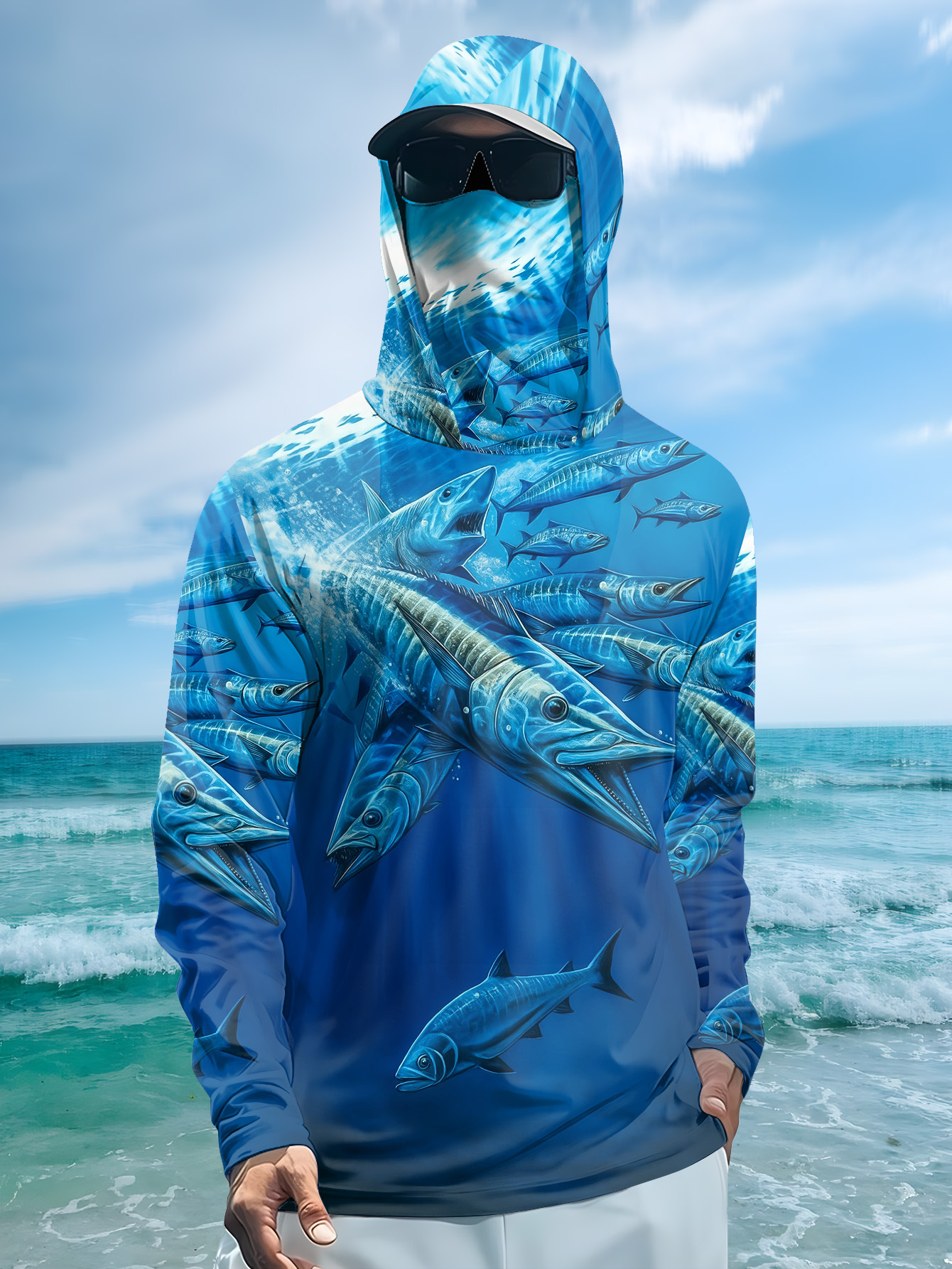 Men Hood Fishing Shirt long sl - Fishing Shirt Uv Protection のレビューと価格
